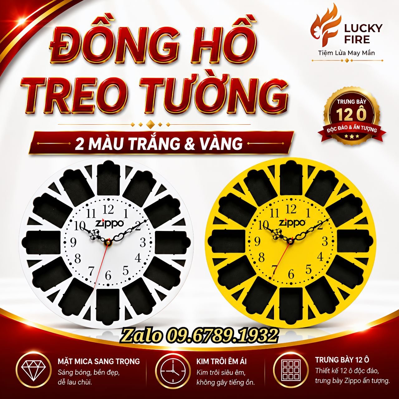 Đồng Hồ Treo Tường Mặt Mica Trưng Bày 12 Cây Zippo