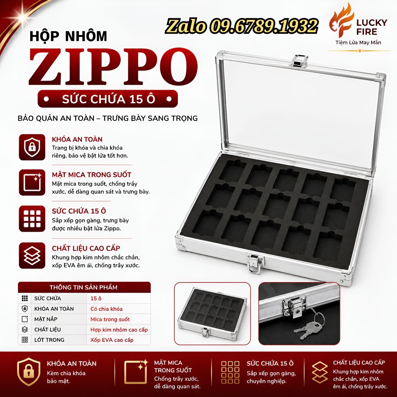 Hộp Nhôm Mặt Mica Trưng Bày Bảo Quản Zippo 15 Ô
