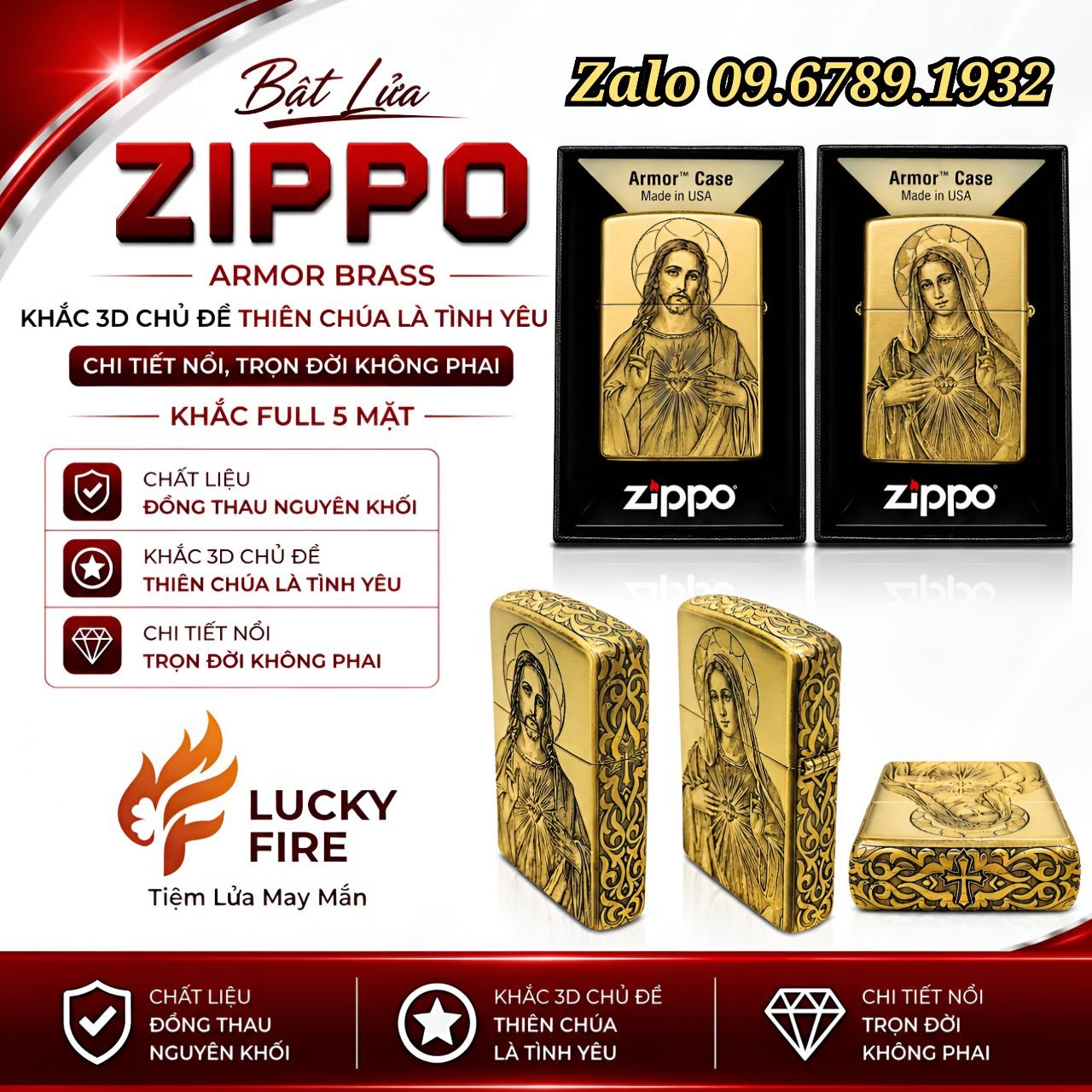 Bật Lửa Zippo Mỹ Chính Hãng Armor Brass Khắc Full 5 Mặt Chủ Đề Công Giáo